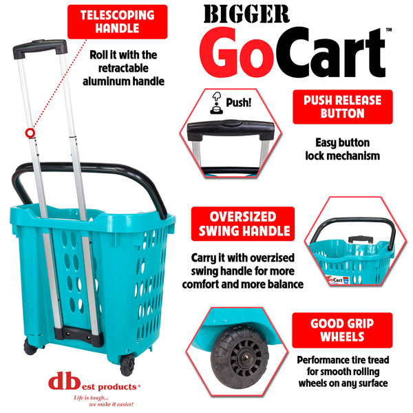 dbest products Bigger GoCart Grocery Cart Rolling Shopping Laundry Basket on Wheels Hamper with Telescopic Handle Cleaning Caddy Trolley, Teal