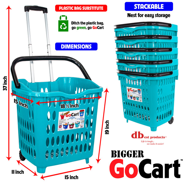 dbest products Bigger GoCart Grocery Cart Rolling Shopping Laundry Basket on Wheels Hamper with Telescopic Handle Cleaning Caddy Trolley, Teal