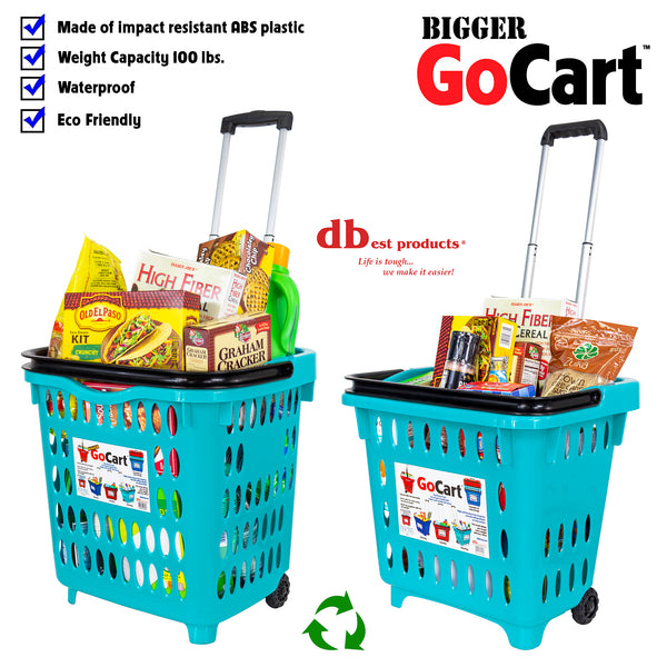 dbest products Bigger GoCart Grocery Cart Rolling Shopping Laundry Basket on Wheels Hamper with Telescopic Handle Cleaning Caddy Trolley, Teal