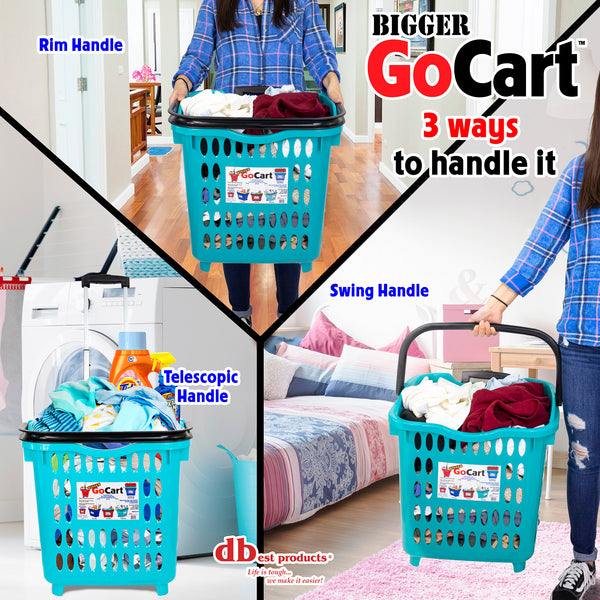 dbest products Bigger GoCart Grocery Cart Rolling Shopping Laundry Basket on Wheels Hamper with Telescopic Handle Cleaning Caddy Trolley, Teal