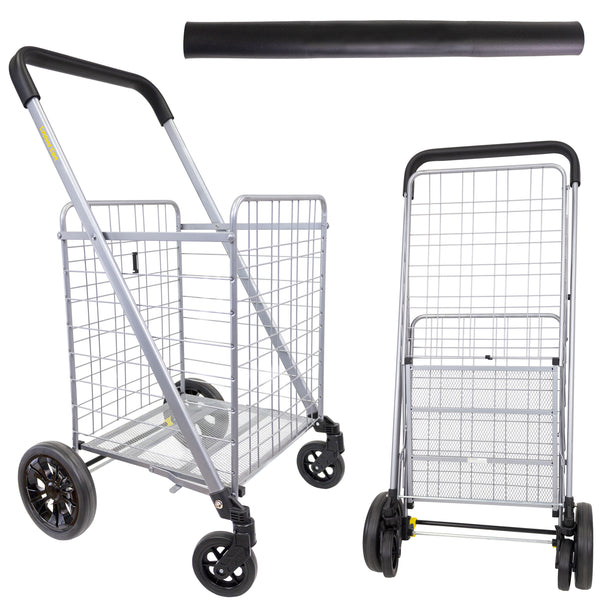 dbest products Cruiser Cart Deluxe 2 Germ Guard Bundle Shopping Handle Grocery Rolling Folding Laundry Basket on Wheels Foldable Utility Trolley Compact Lightweight Collapsible