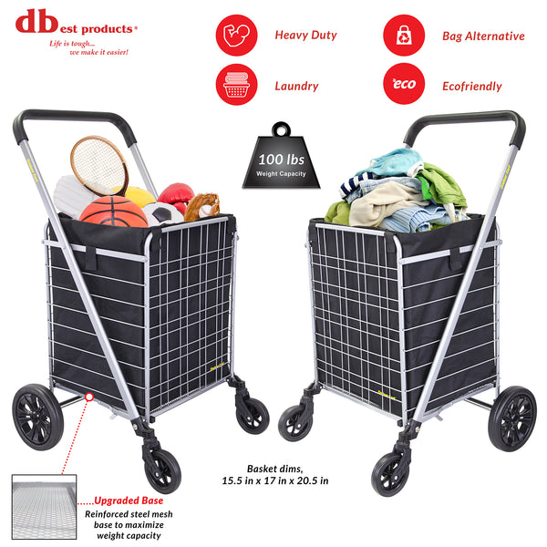 dbest products Cruiser Cart Deluxe 2 with Liner Bag Bundle Shopping Grocery Rolling Folding Laundry Basket on Wheels Foldable Utility Trolley Compact Lightweight Collapsible