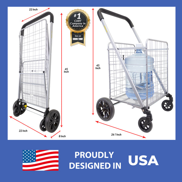 dbest products Cruiser Cart Deluxe 2 with Liner Bag Bundle Shopping Grocery Rolling Folding Laundry Basket on Wheels Foldable Utility Trolley Compact Lightweight Collapsible