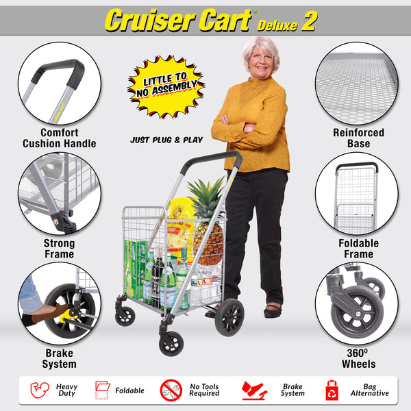 dbest products Cruiser Cart Deluxe 2 Germ Guard Bundle Shopping Handle Grocery Rolling Folding Laundry Basket on Wheels Foldable Utility Trolley Compact Lightweight Collapsible