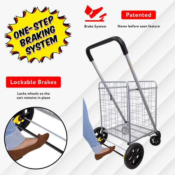 dbest products Cruiser Cart Deluxe 2 Germ Guard Bundle Shopping Handle Grocery Rolling Folding Laundry Basket on Wheels Foldable Utility Trolley Compact Lightweight Collapsible