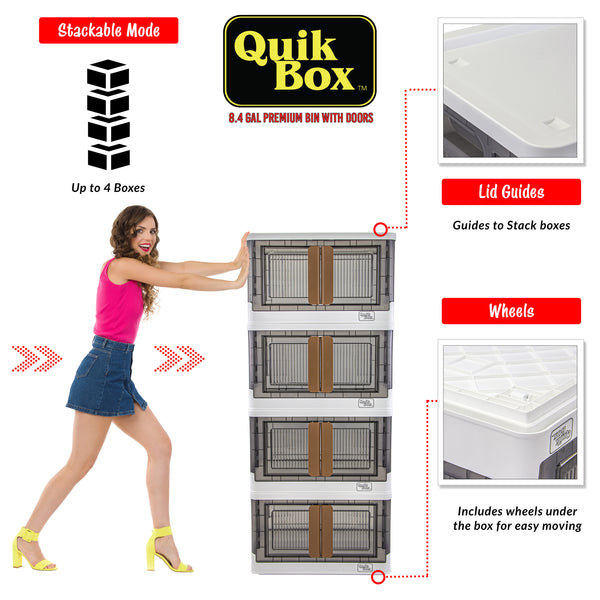 dbest products Quik Box - 8.5 Gallon Stackable Storage Bins with Doors, Collapsible Organizer Foldable Container, for Bedroom Living Room Kitchen Neat, Tidy Dorms and Organized Homes Boxes White