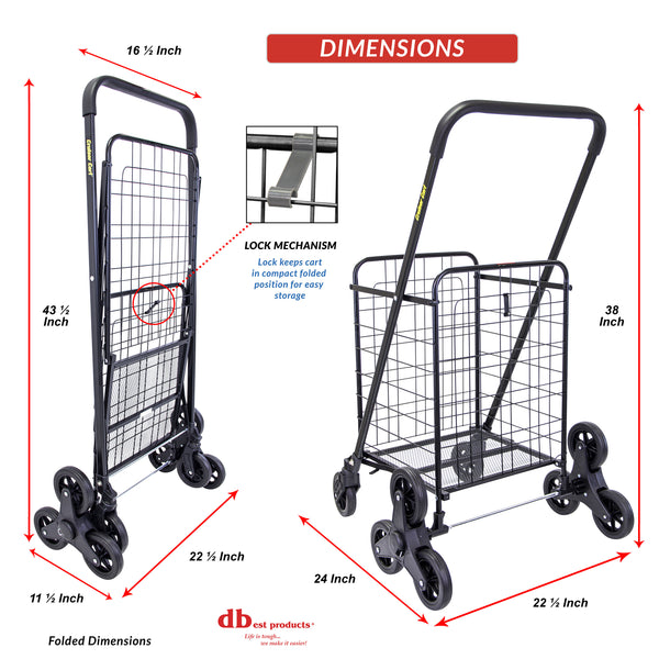 dbest products Stair Climber Cruiser Cart Shopping Grocery Rolling Folding Laundry Basket on Wheels Foldable Utility Trolley Compact Lightweight Collapsible, Black