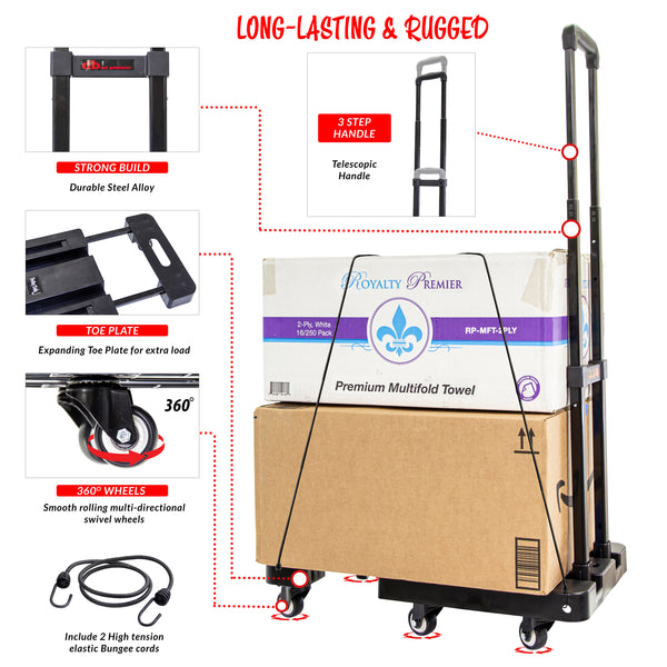 dbest products Trolley Dolly Platform Cart 6-Wheel Handtruck for Moving, Folding Hand Truck, Telescoping Handle, Expandable Toe Plate & Includes 2 Bungee Chords, Carretilla plegable