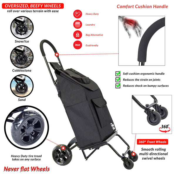 dbest products Trolley Dolly Rover with Bag, 4 Wheeled Grocery Shopping Cart Push Folding Utility Hand Truck Swivel Wheels Garden Lightweight Luggage Carrito de Compras Plegable