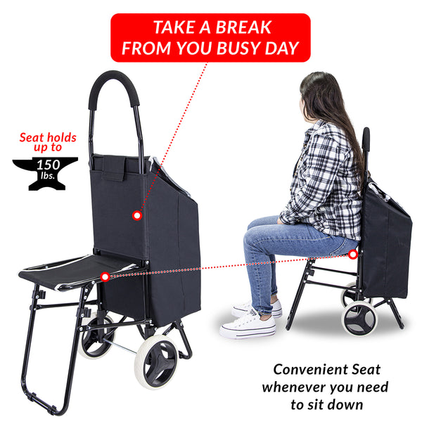 dbest products Trolley Dolly with Seat Sport, Black Shopping Grocery Foldable Cart Tailgate