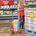 Woman grocery shopping with cart. 