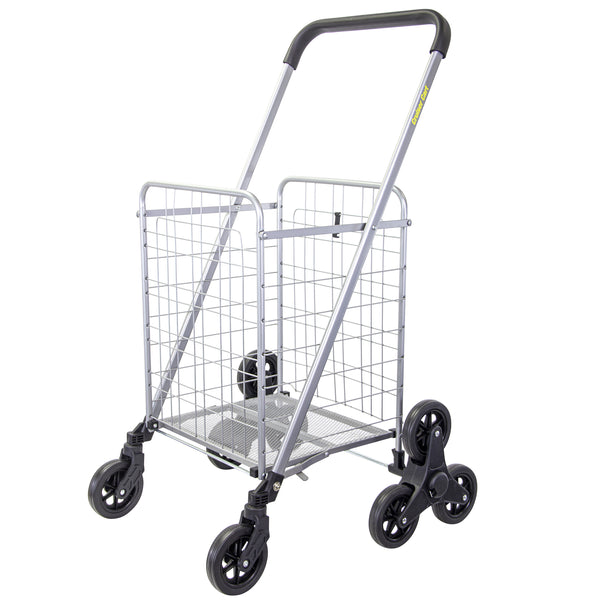 Stair Climber Cruiser Cart Shopping Grocery Rolling Folding Laundry Basket on Wheels Foldable Utility Trolley Compact Lightweight Collapsible, Silver